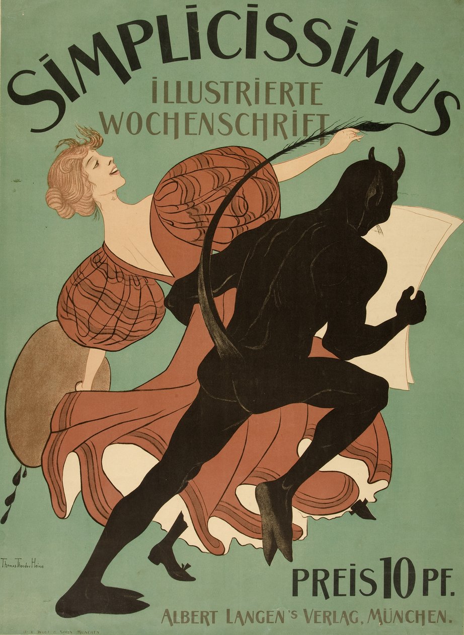 Forside fra "Simplicissimus Illustrated Weekly", pub. 1896 (farge litho) av Thomas Theodor Heine