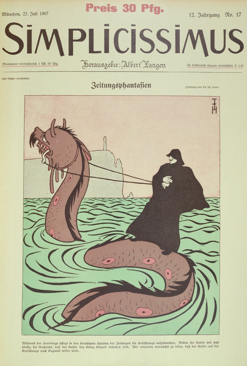 Kaiser rir på Sea Snake til England, omslagsillustrasjon fra Simplicissimus av Thomas Theodor Heine