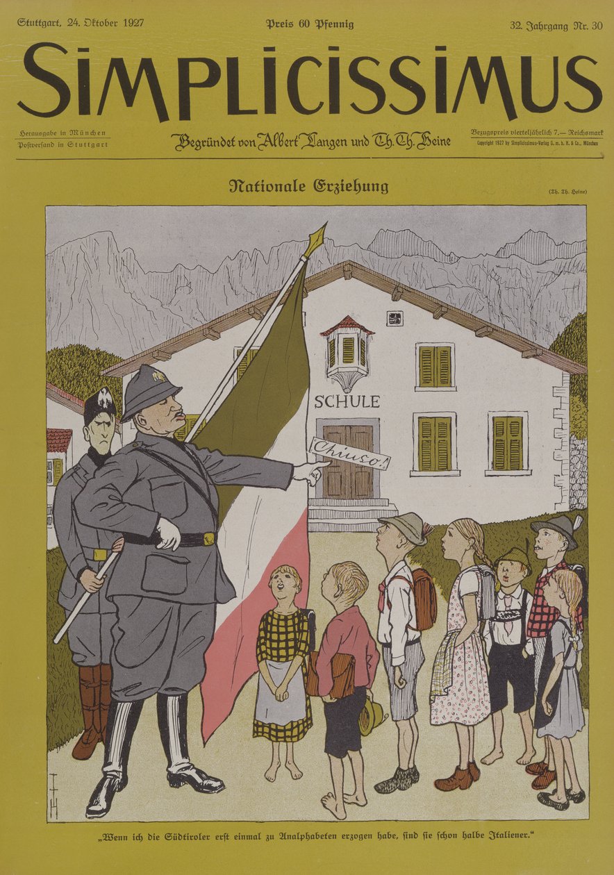 Mussolini (1883-1945) og det italienske Tyrol, tegneserie fra magasinet Simplicissimus, 24. oktober 1924 (litho-farge) av Thomas Theodor Heine