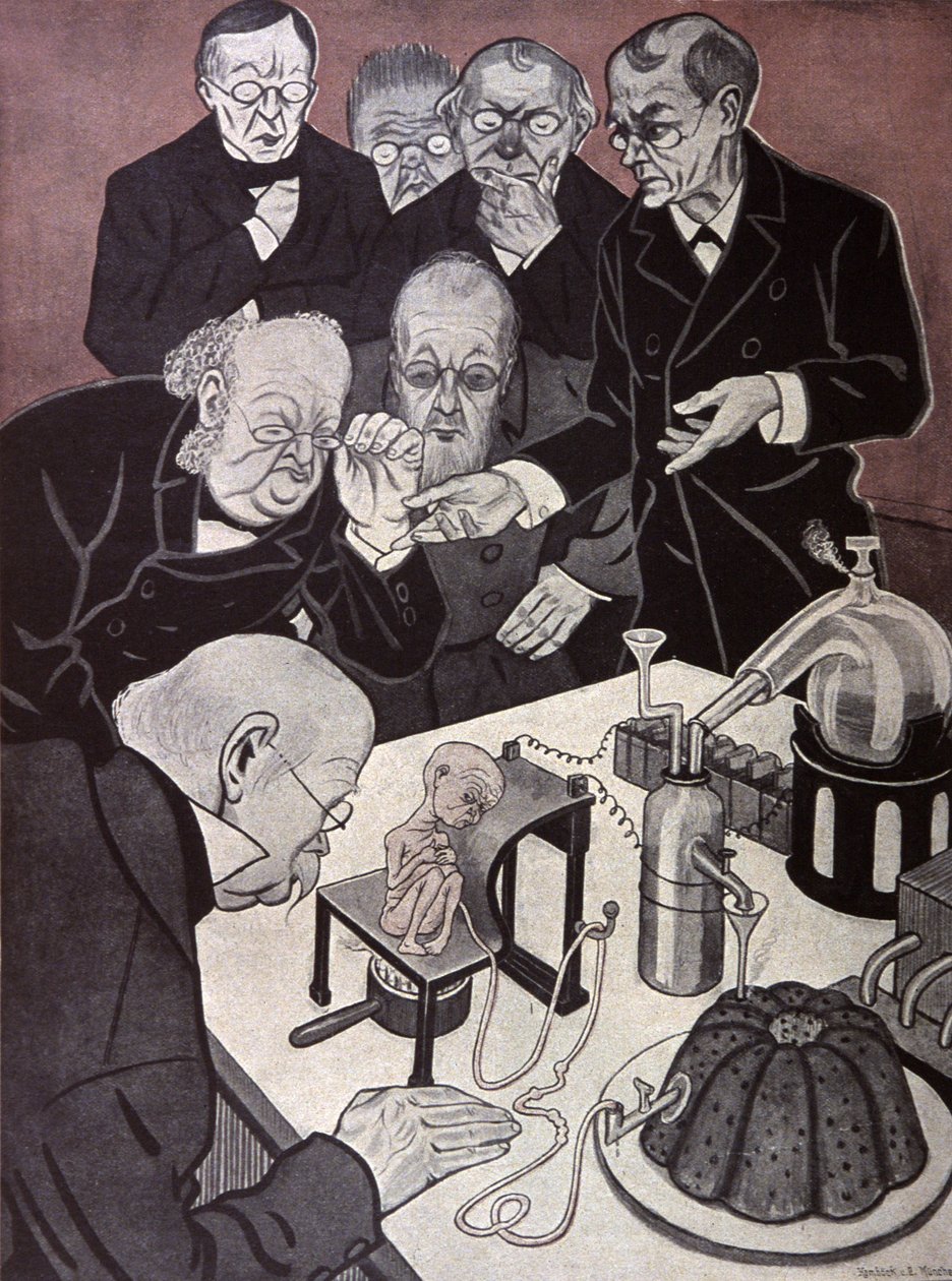 Homonculus (miniatyr, men fullt utformet menneskekropp). Illustrasjon av Th.Th. Heine i: Simplicissimus, Tyskland, ca. 1900 (litografi) av Thomas Theodor Heine