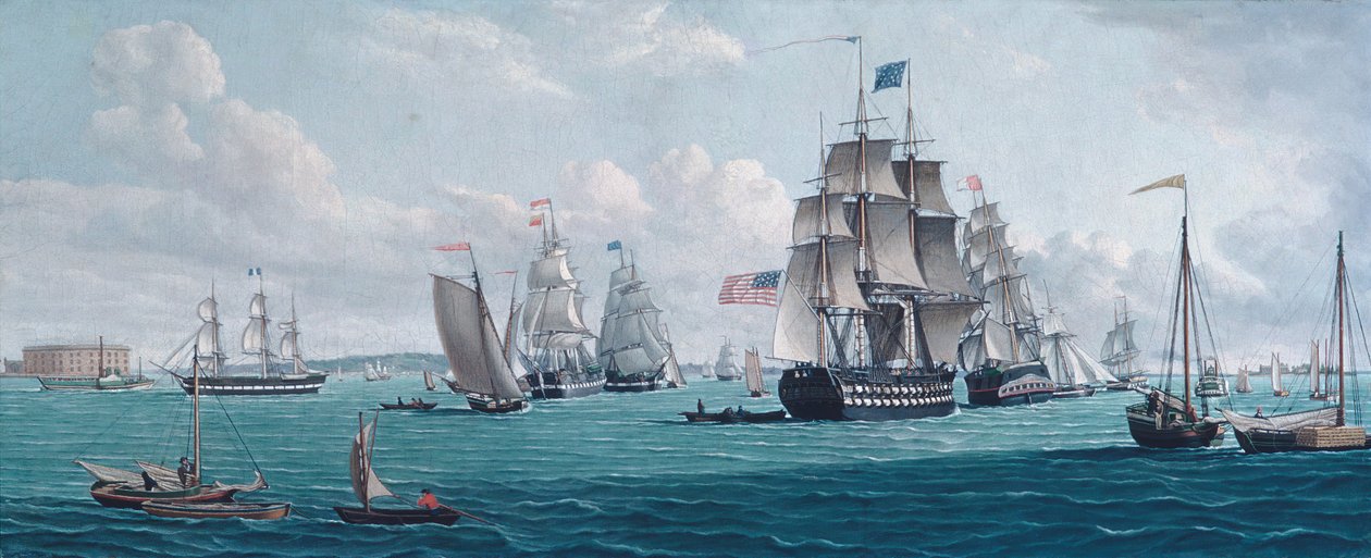 Det amerikanske skipet Franklin, med utsikt over New York-bukten, 1820- eller 1830-årene. av Thomas Thompson