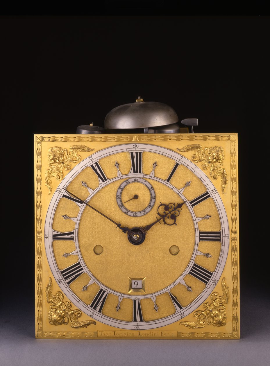 Detalj av en Charles II romersk slående månedsgående klokke, 1675 av Thomas Tompion