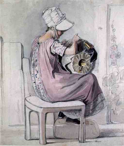 A Girl Lacemaking (akvarell og blyant på papir) av Thomas Unwins