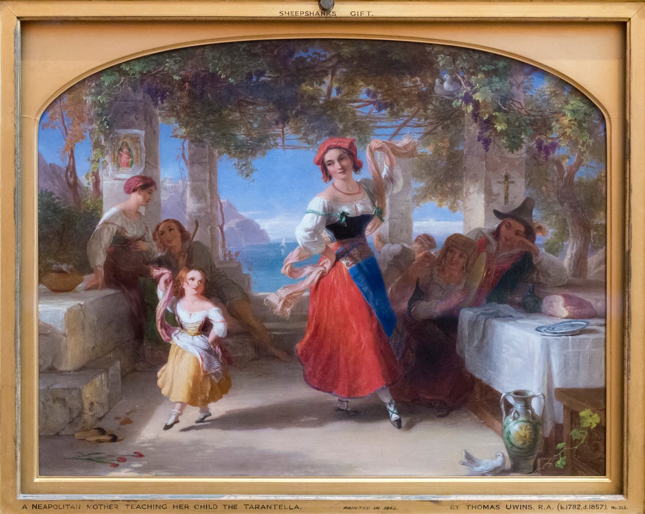 En italiensk mor som lærer barnet sitt tarantellaen (olje på panel) av Thomas Uwins
