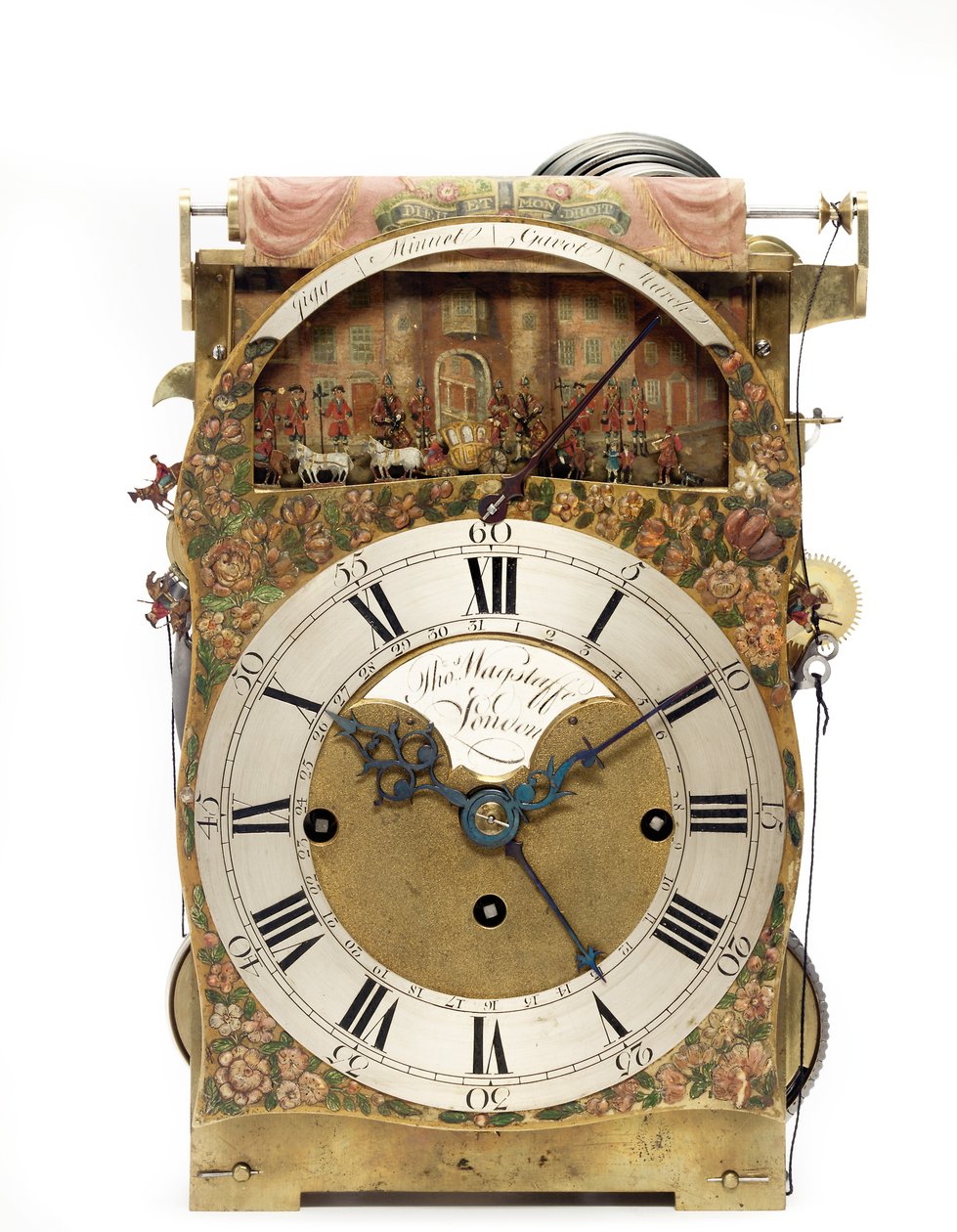 Detalj av en George III grønn og forgylt japansk bordklokke med musikalsk automat som viser Lord Mayor