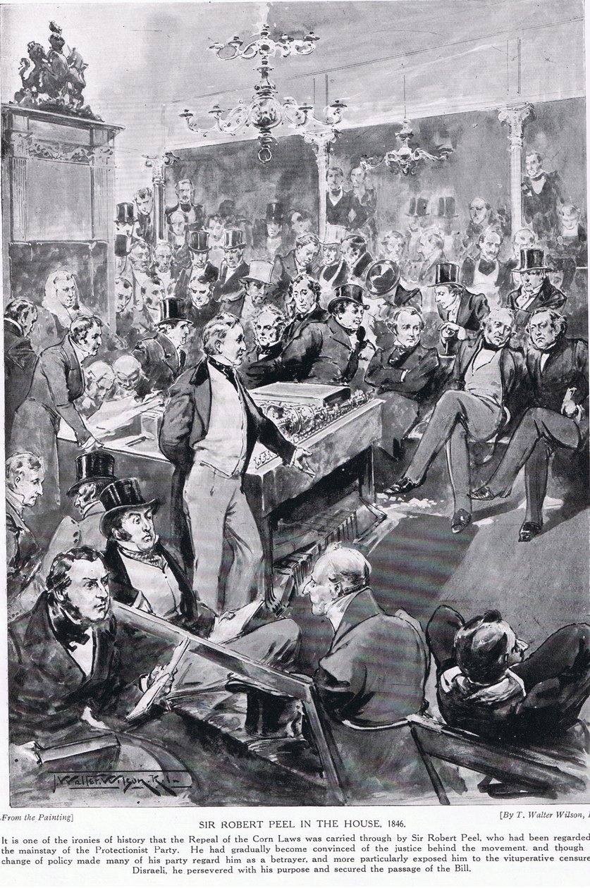 Sir Robert Peel i huset, 1846, illustrasjon fra 'Hutchinson's Story of the British Nation', ca. 1923 av Thomas Walter Wilson