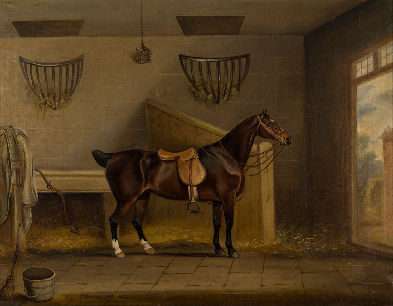 En salet Bay Hunter i en stall, ca. 1819 (olje på lerret) av Thomas Weaver