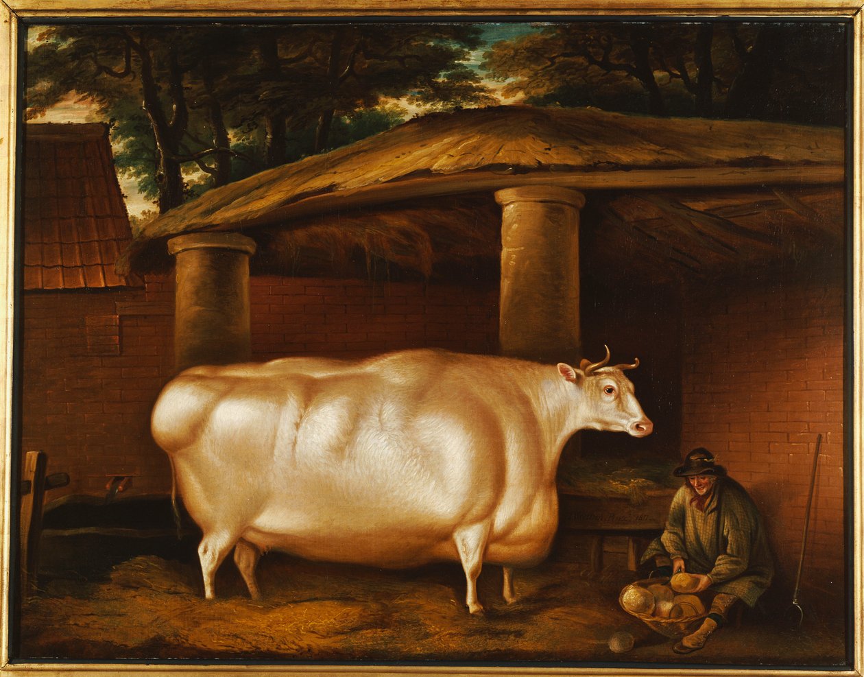 Den hvite kvigen som reiste, med en mann som skjærer kålrot i en stallgård, 1811 av Thomas Weaver