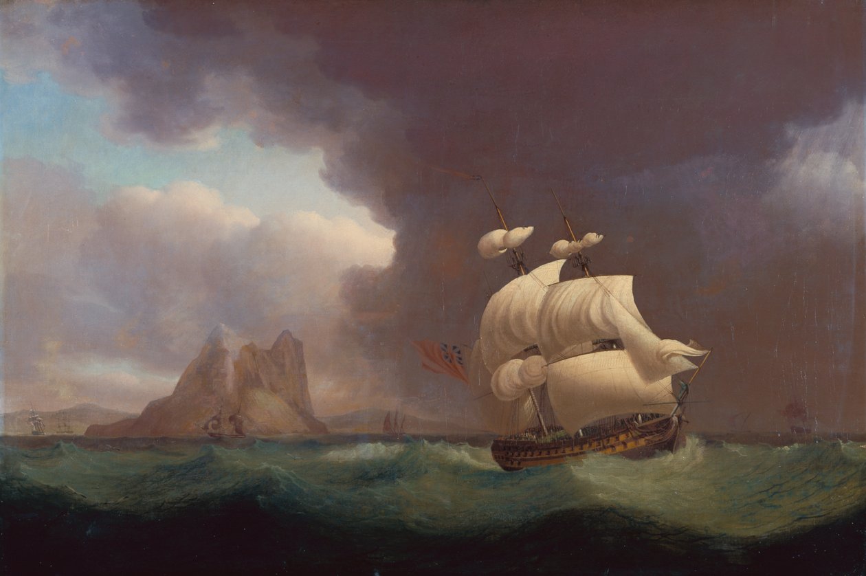 En todekker og andre fartøyer i stormfullt vær utenfor Gibraltar av Thomas Whitcombe