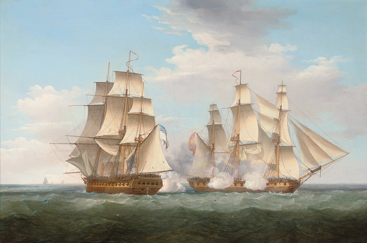 H.M.S. Ethalion i aksjon med den spanske fregatten Thetis utenfor Kapp Finisterre, 16. oktober 1799, 1800 av Thomas Whitcombe