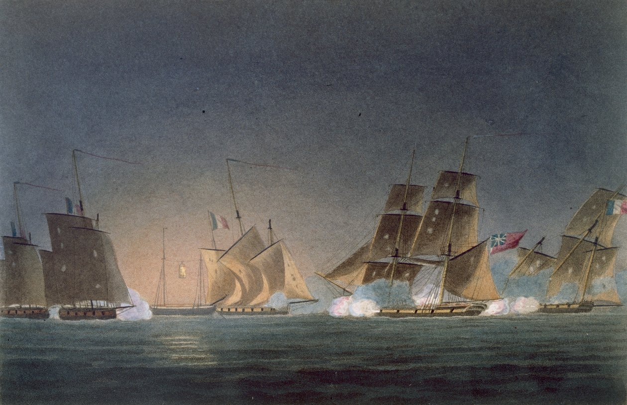 HMS Rinaldo engasjerer fire franske kapere, gravert av J. Bailey for 