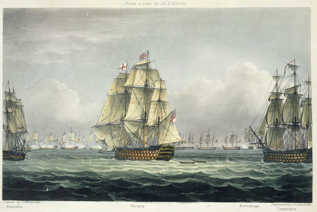 HMS Victory seiler for den franske linjen flankert av Euryalus og HMS Temeraire i slaget ved Trafalgar, 21. oktober 1805, gravert av T. Sutherland for 