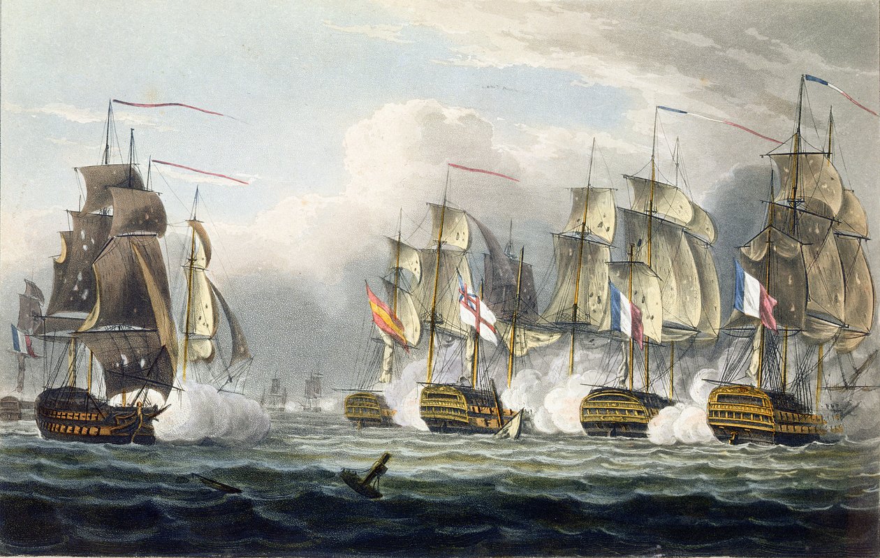 Situasjonen for HMS Bellerophon etter døden til hennes kommandør Captain Cooke i slaget ved Trafalgar, 21. oktober 1805, gravert av T. Sutherland for 