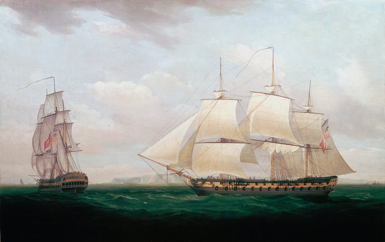 To østindiamenn utenfor en kyst, Thomas Whitcombe, c1850 av Thomas Whitcombe