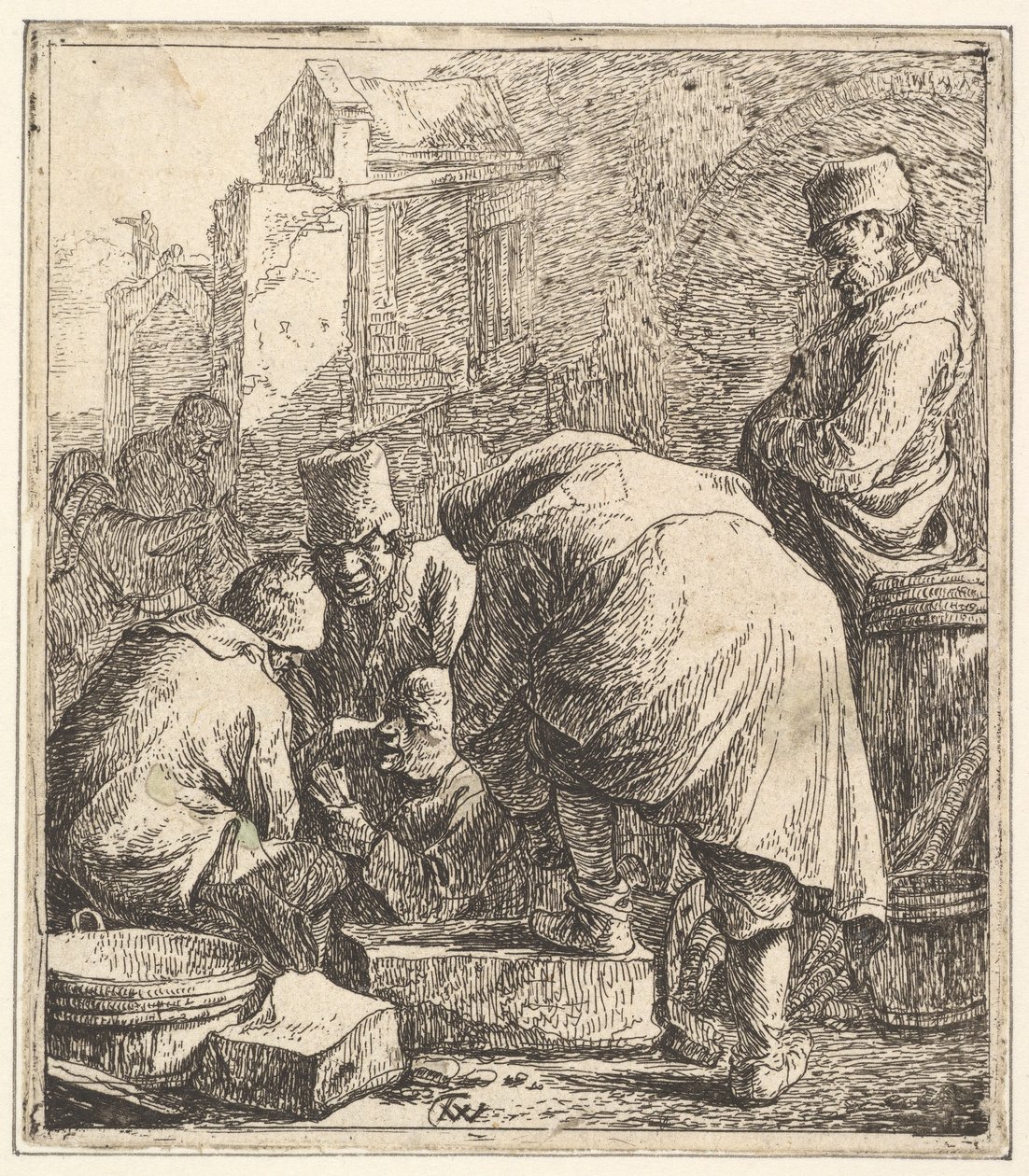 Mann som justerer fottøyet sitt, til venstre tre menn som spiller kort, 1630-77. av Thomas Wijck