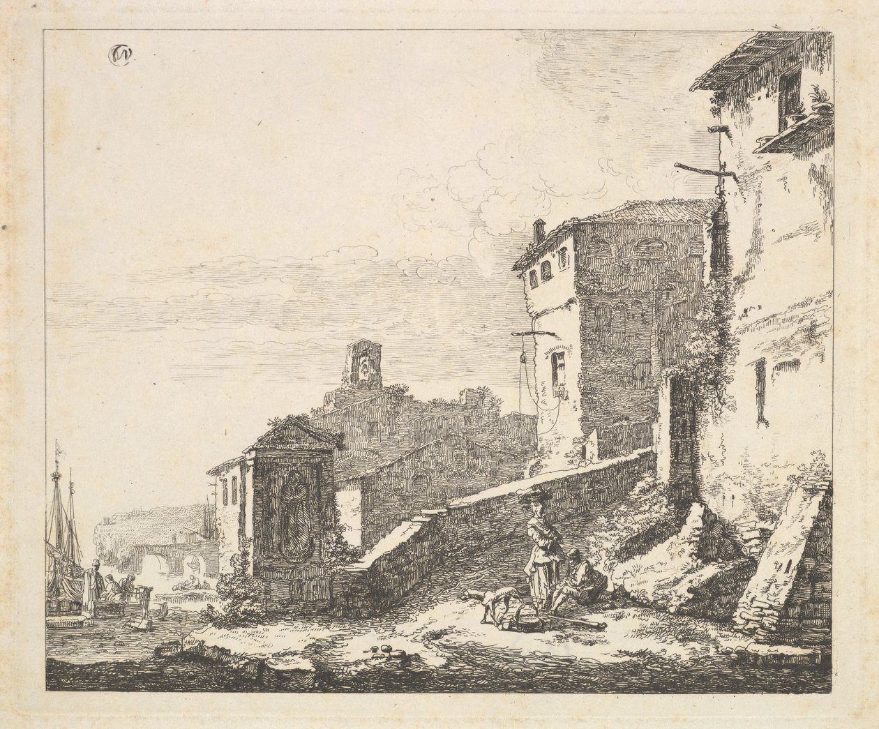 Landsbyscene med kvinne som står ved siden av en sittende mann kopi, 1600-tallet. av Thomas Wijck