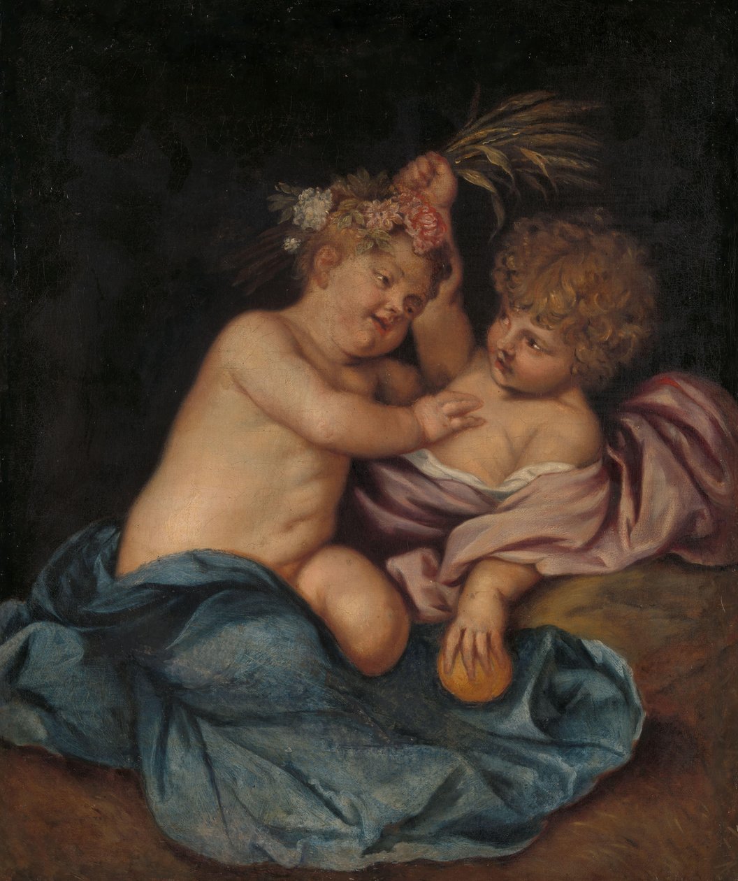 To spedbarn, personifikasjoner av vår og høst av Thomas Willeboirts Bosschaert (follower of)