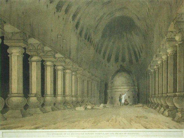 Interiør av et utgravd hinduistisk tempel på øya Salsette, plate 63 fra 