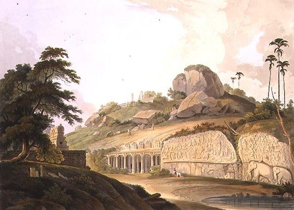 Inngangen til et utgravd hindoo -tempel i Mavalipuram, plate II fra del 3 av &39;Oriental Scenery&39;, pub. 1799 (akvatint) av Thomas und William Daniell