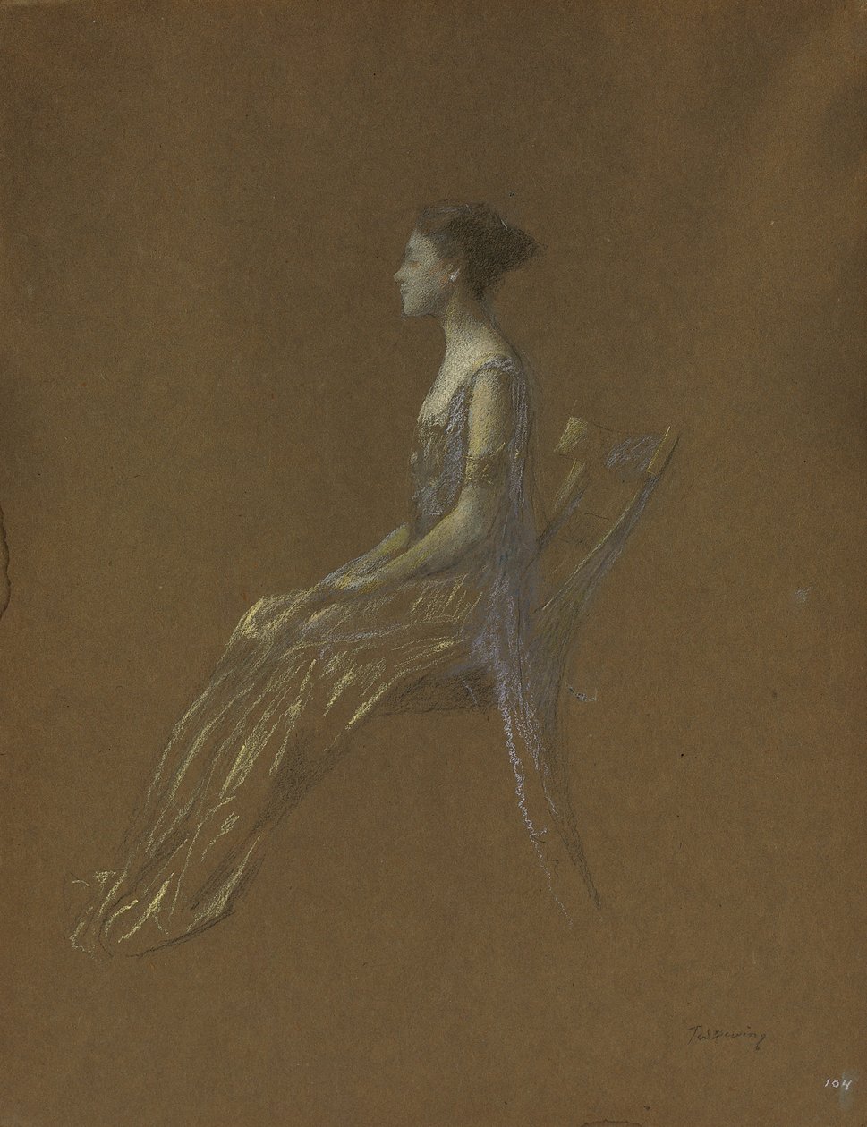 Sittende dame i gul kjole (pastell på papir) av Thomas Wilmer Dewing
