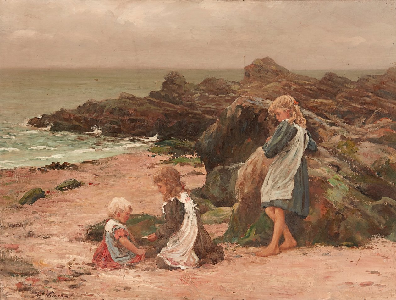 Barn på en steinete strand (olje på lerret) av Thomas Wilson