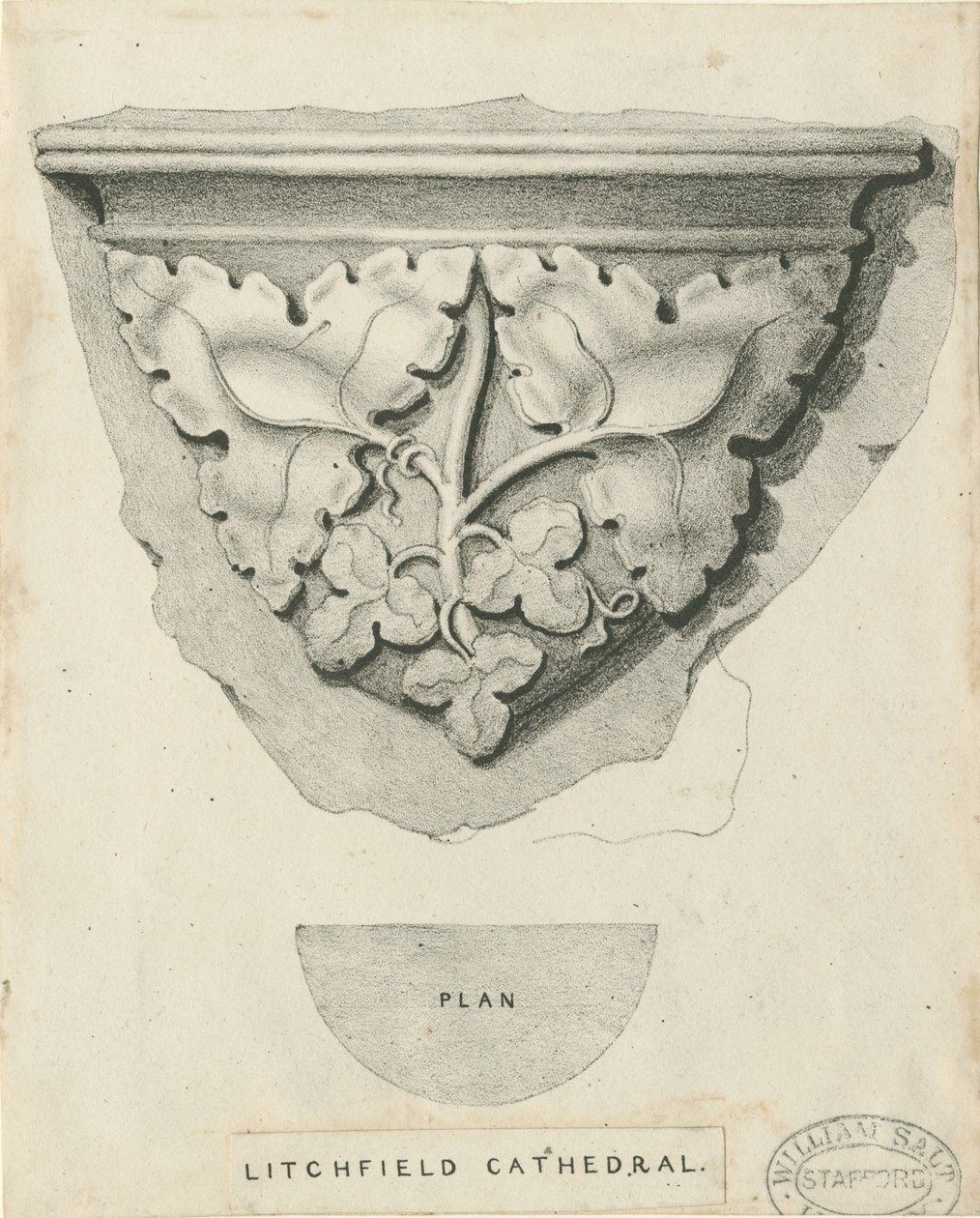 Interiør i Lichfield Cathedral - Utskåret løvverk: litografi og [? 1800-tallet] (trykk) av Thomas Witlam Atkinson
