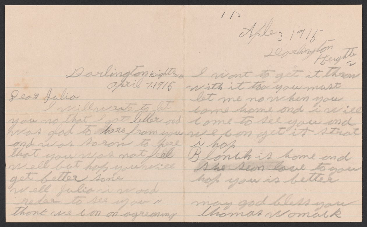 Brev fra Thomas Womack til Julia Womack med konvolutt, 7. april 1915. av Thomas Womack