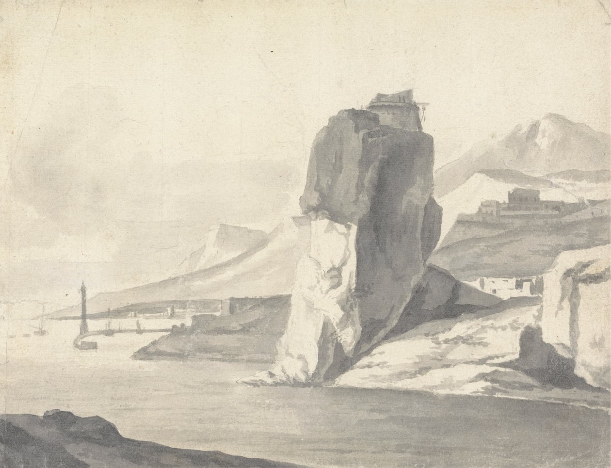 En kystscene (italiensk) med molo, høye klipper og et fort av Thomas Wyck