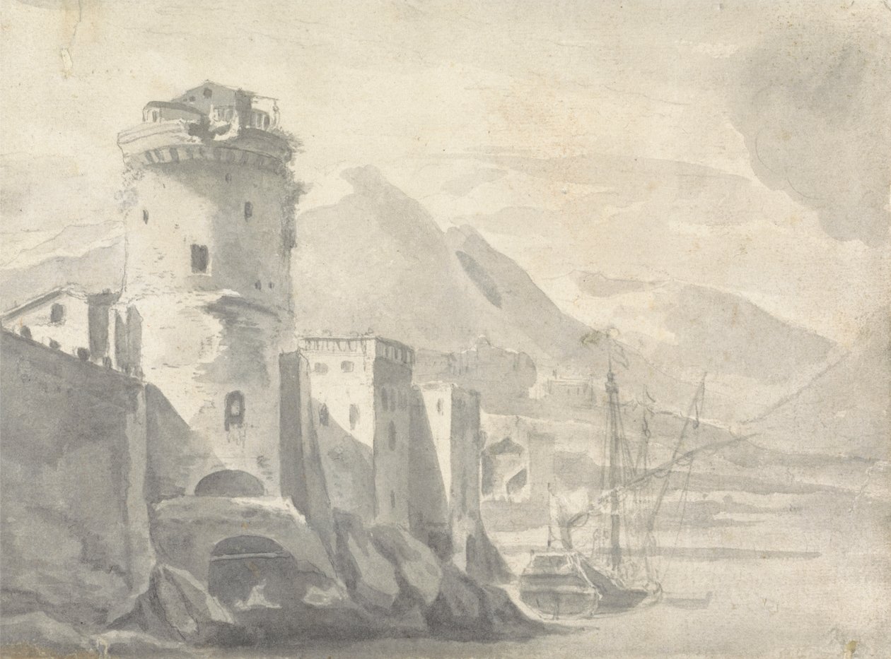 Befestede bygninger som stiger bratt fra en elvebredd (i Italia?) med båtsenter og fjerne fjell av Thomas Wyck