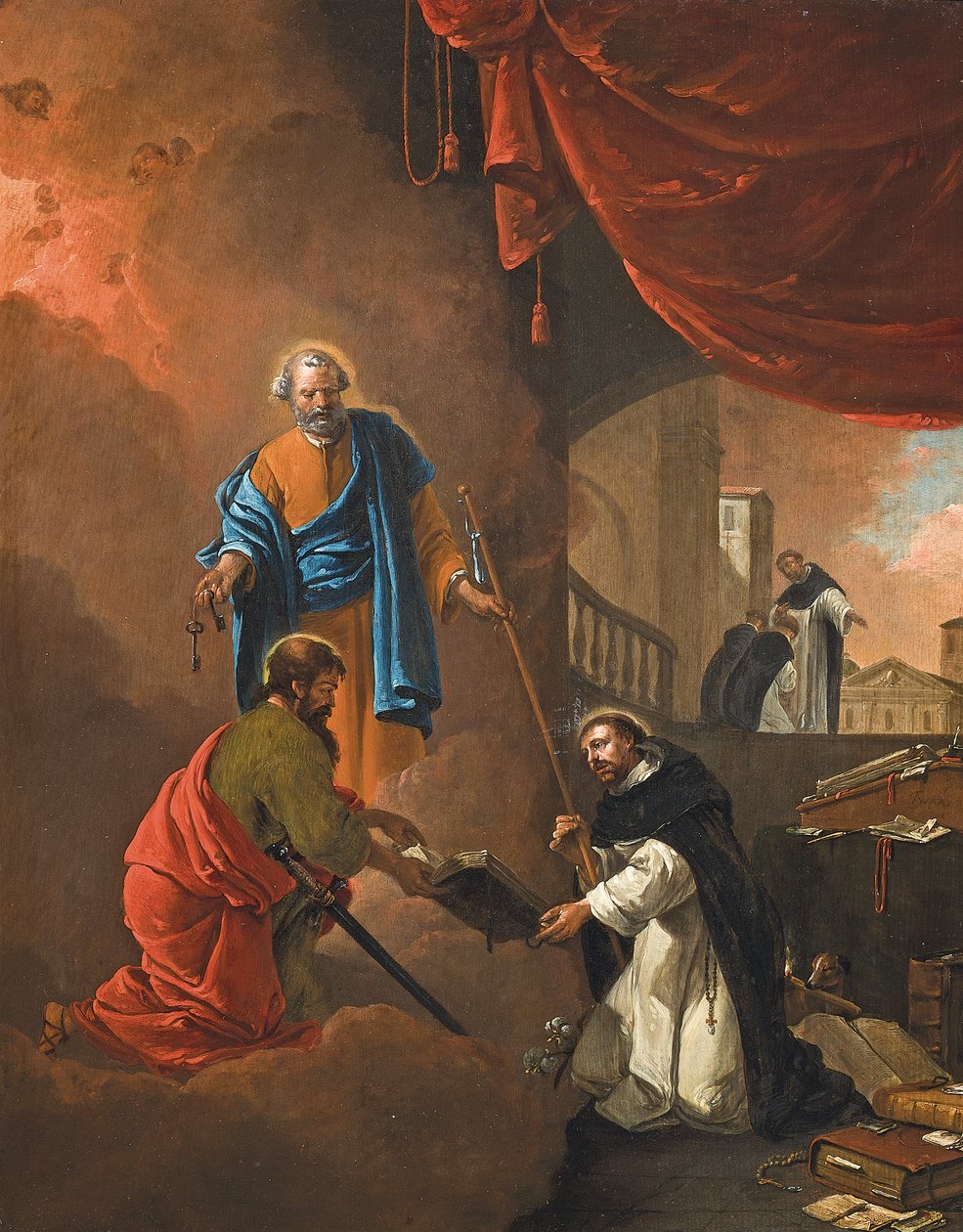 The Vision of Saint Dominic, med Saint Dominic som velsigner to misjonærbrødre bortenfor av Thomas Wyck