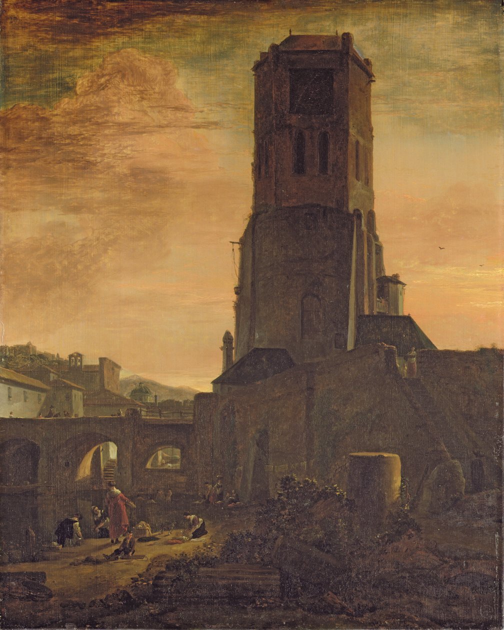 Vaskekvinner ved foten av et tårn (olje på panel) av Thomas Wyck