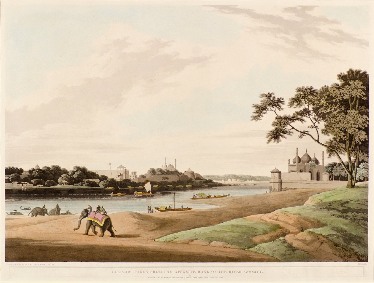 Lucknow tatt fra motsatt bredd av elven Goomty av Thomas und William Daniell