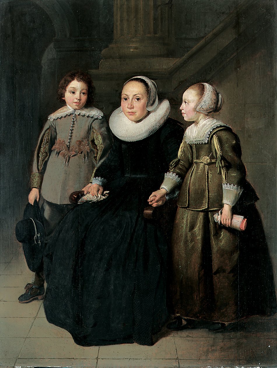 Portrett av en dame, full lengde, sittende, i en svart kjole med hvit ruff og hette, med et lommetørkle, med sønnen i en grå dublett og datteren i en grønn kjole, 1635 av Thomas de Keyser