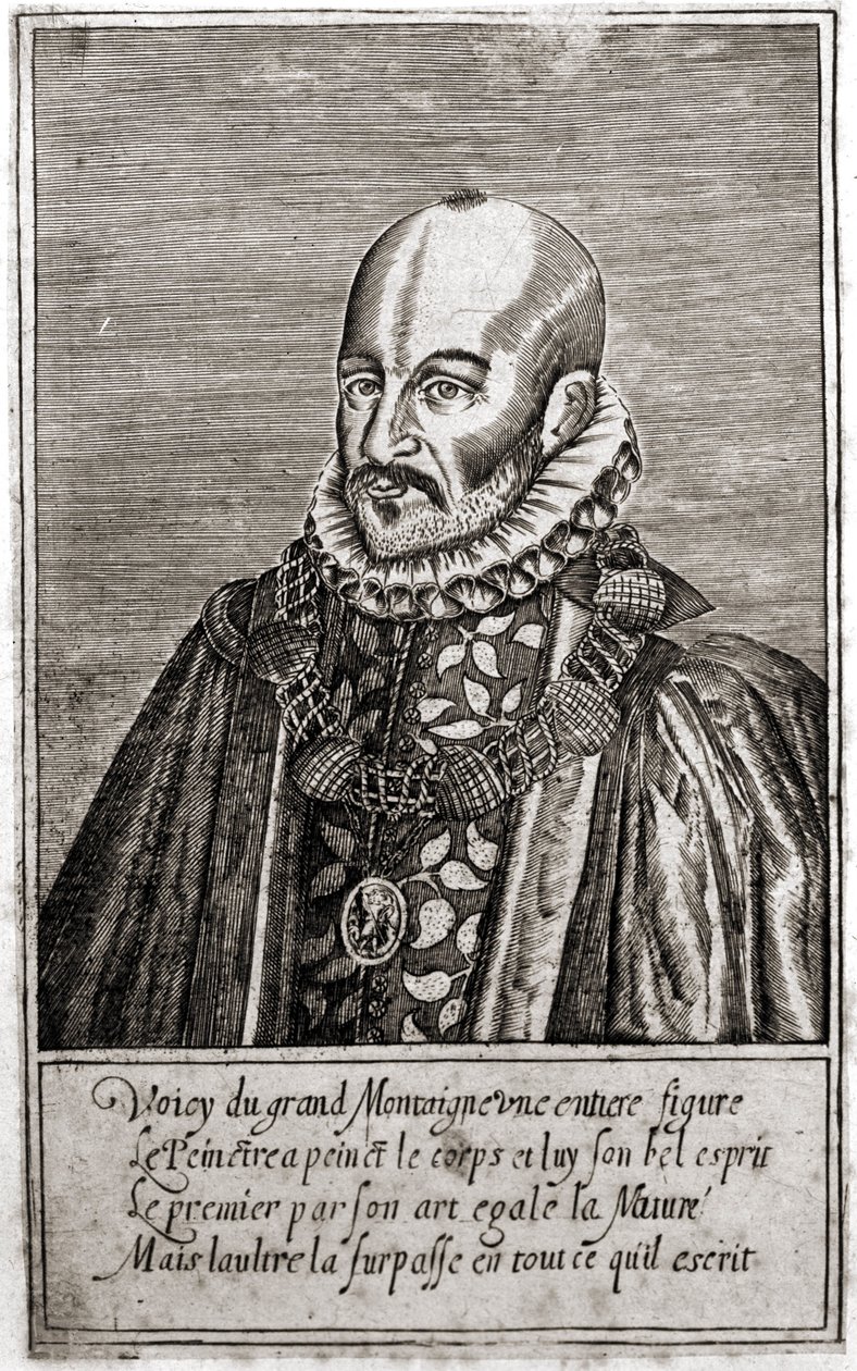 Portrett av Michel de Montaigne (1533-1592), fransk forfatter. Gravering av Thomas de Leu. (1560-1612). av Thomas de Leu