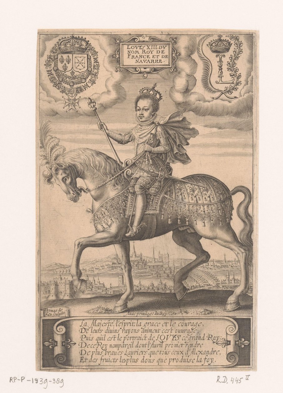 Portrett av Louis XIII på hesteryggen, med utsikt over Paris i bakgrunnen av Thomas de Leu