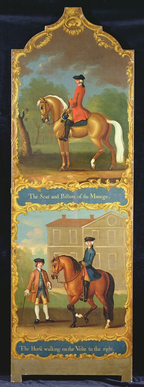 'The Seat and Posture of the Manege' (øverst) og 'The Horse Walking on the Volte to the Right' (nederst), ca. 1750 av Thomas, of Pall Mall Butler