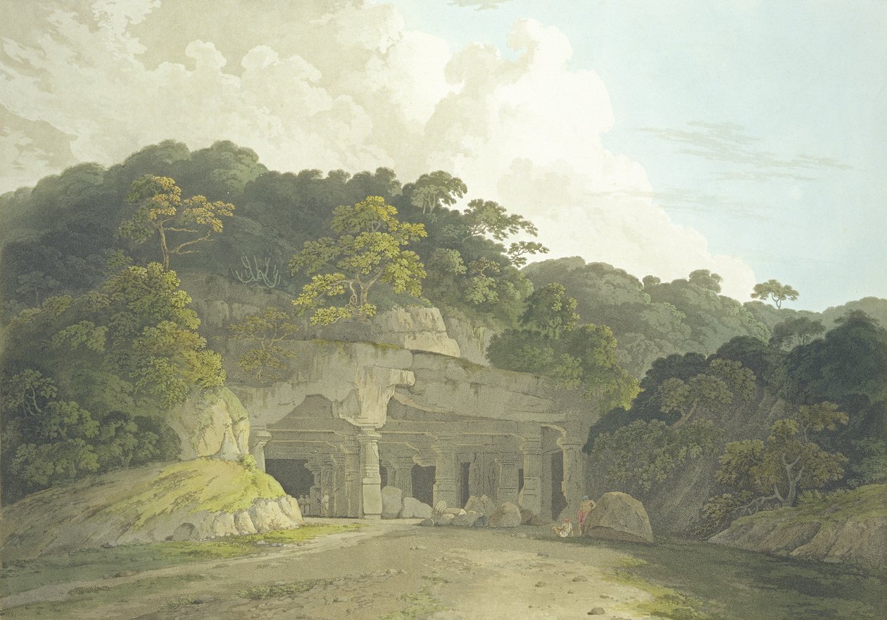 Inngangen til Elephanta-hulen, plate 58 fra 'Oriental Scenery: Twenty Four Views in Hindoostan', publisert 1800 av Thomas und William Daniell