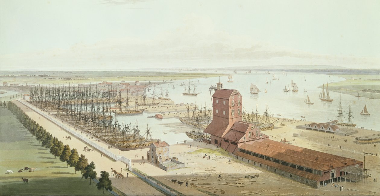 The Mast House og Brunswick Dock i Blackwell, 1803 (akvatint) av Thomas und William Daniell