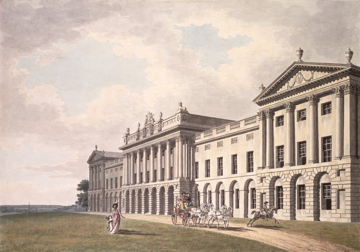 Utsikt over Heveningham Hall i Suffolk, setet til Sir Gerrard Vanneck, 1700-tallet (penn og blekk og wc på papir) av Thomas van der Wilt