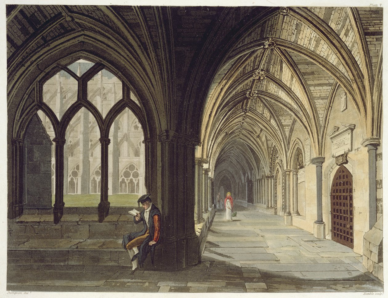 South East Angle of the Cloisters, plate T fra Westminster Abbey, gravert av puben J.R. Hamble (fl.1775-1825). av Rudolph Ackermann (1764-1834) 1812 (akvatint) av Thompson