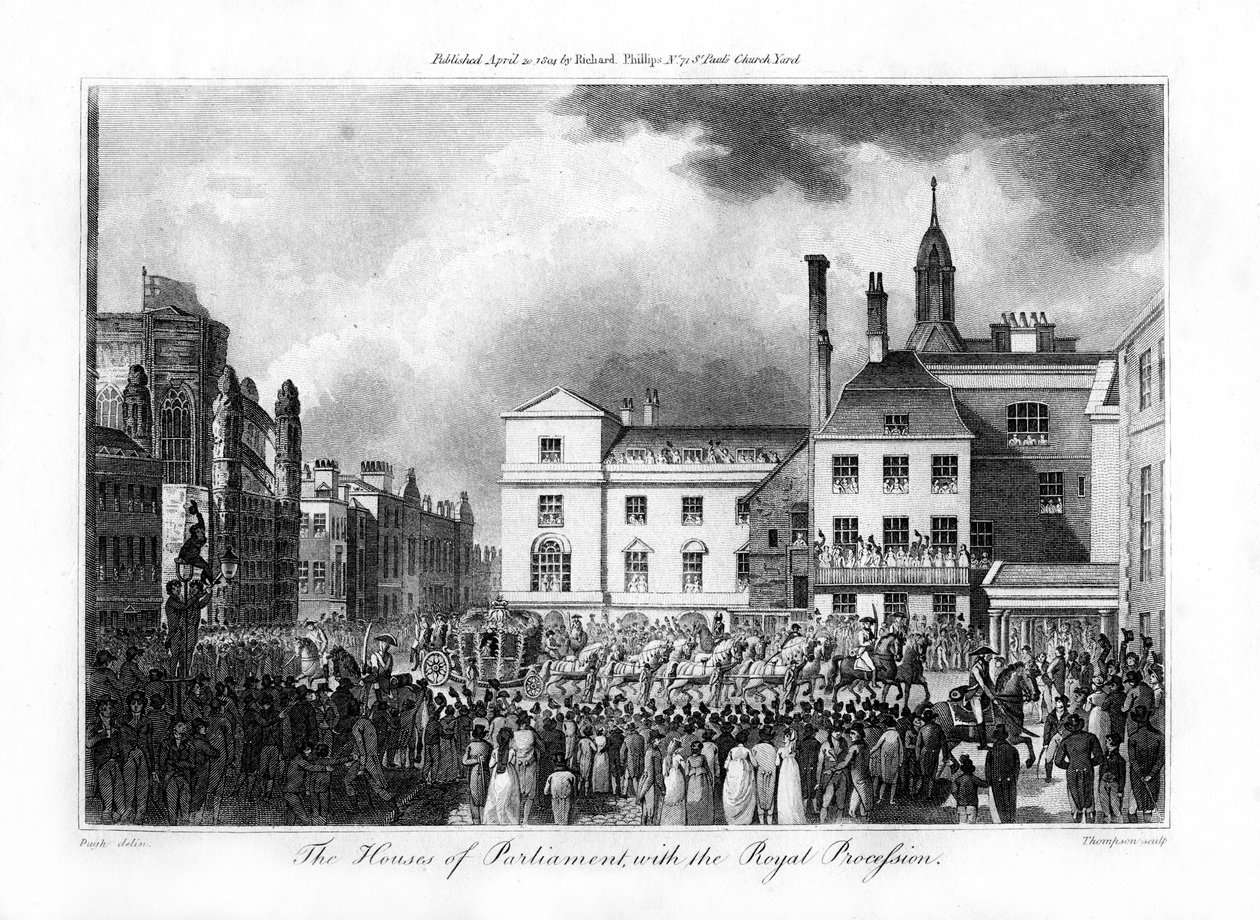 House of Parliament, med Royal Procession, London, 1804. av Thompson