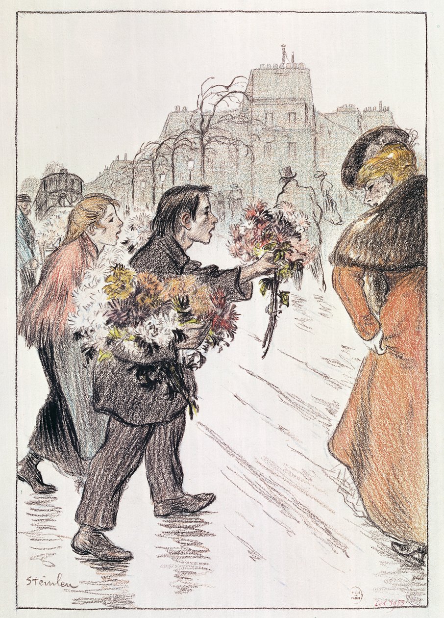 Blomsterhandlere som går rundt i de ytre boulevardene (blyant og fargestift på papir) av Théophile Alexandre Steinlen
