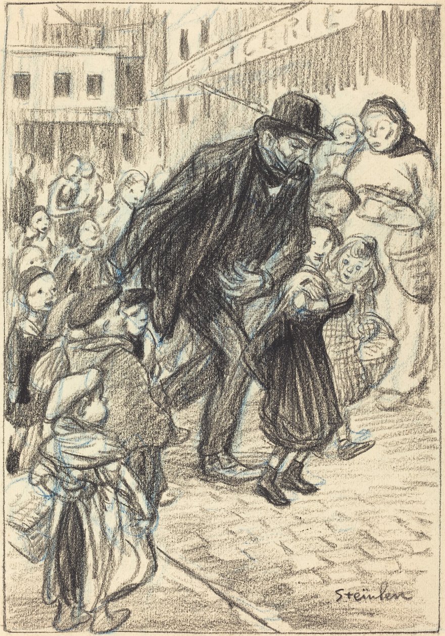 En mann i en bygate, omgitt av barn (Un Père) av Théophile Alexandre Steinlen