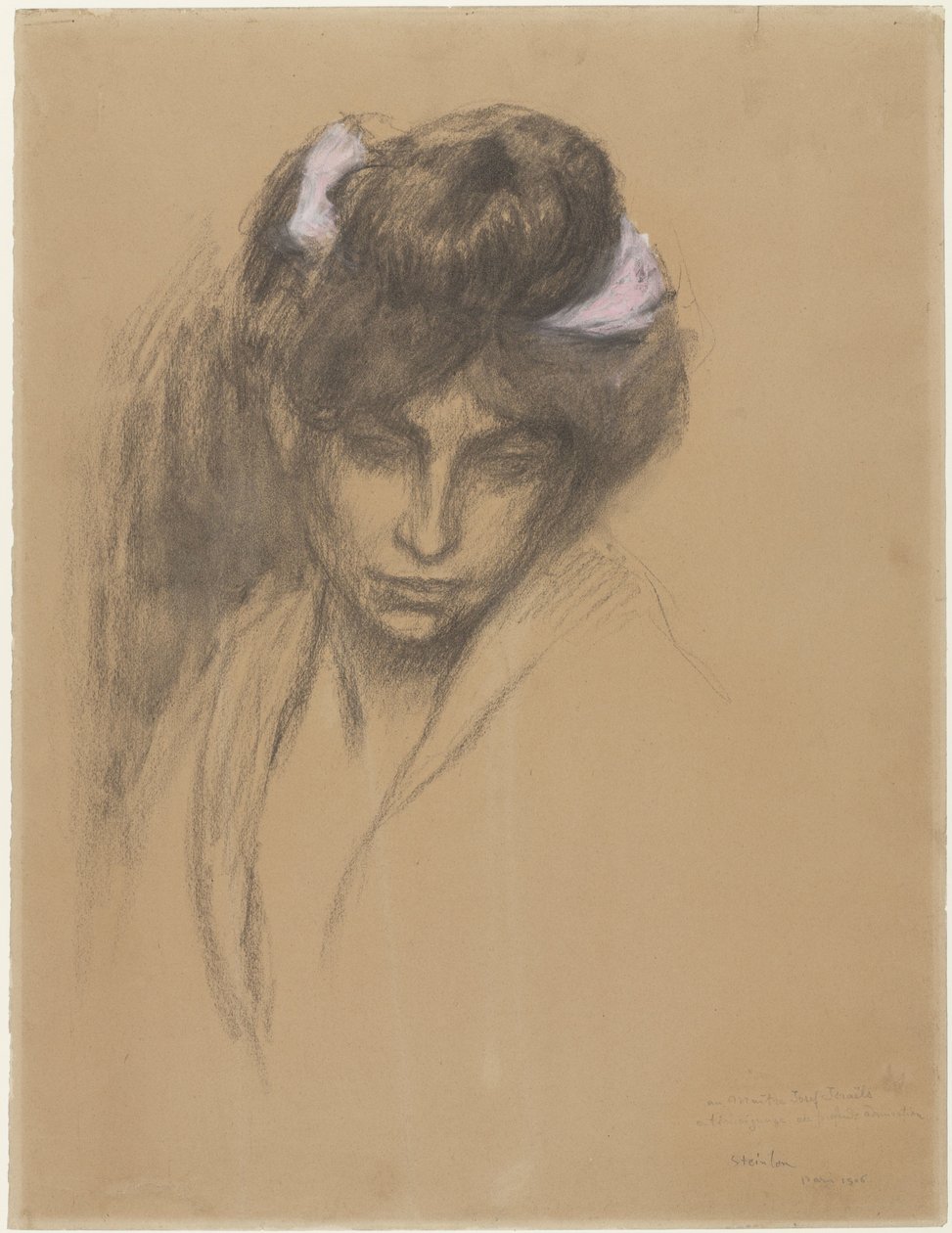 Mørkt jentehode, ser frem, med et lilla bånd viklet i håret av Théophile Alexandre Steinlen