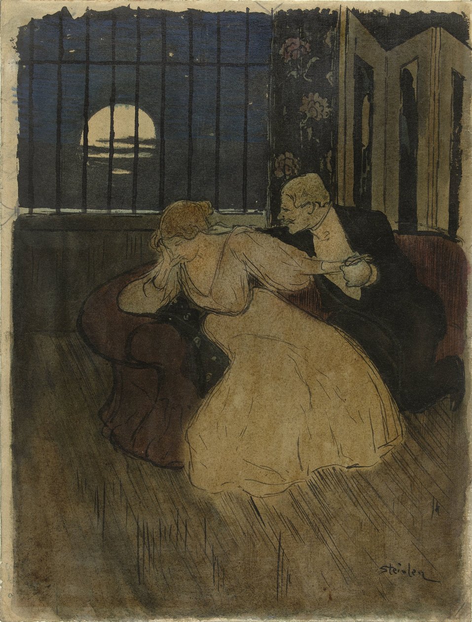 Gentleman i skjørt prøver å overtale en tvilende dame på en sofa av Théophile Alexandre Steinlen