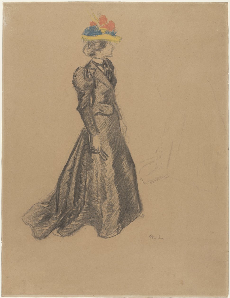 Stående dame i svart komplett med tog, og en farget stråhatt med sommerblomster av Théophile Alexandre Steinlen