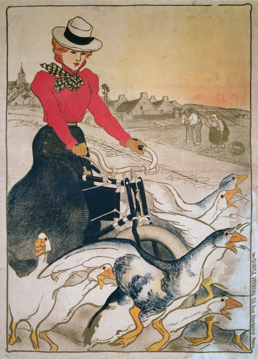 Kvinne på motorisert velociped og gruppe gjess av Théophile Alexandre Steinlen