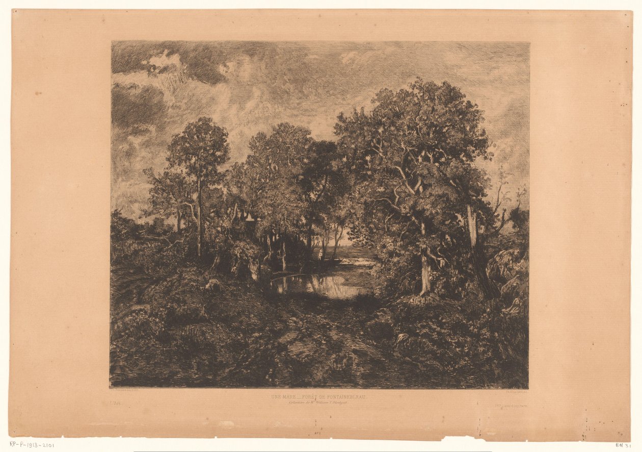 Utsikt over skogen i Fontainebleau med en figur ved en dam Une Mare - Forêt de Fontainebleau. (tittel på vare) av Théophile Chauvel