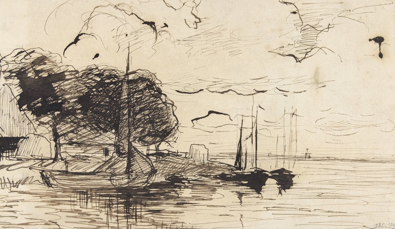 Strand med låve og seilskuter av Théophile de Bock (possibly)