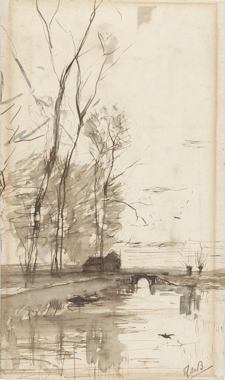 Kanalutsikt med høye trær, en gård og en bro av Théophile de Bock (possibly)